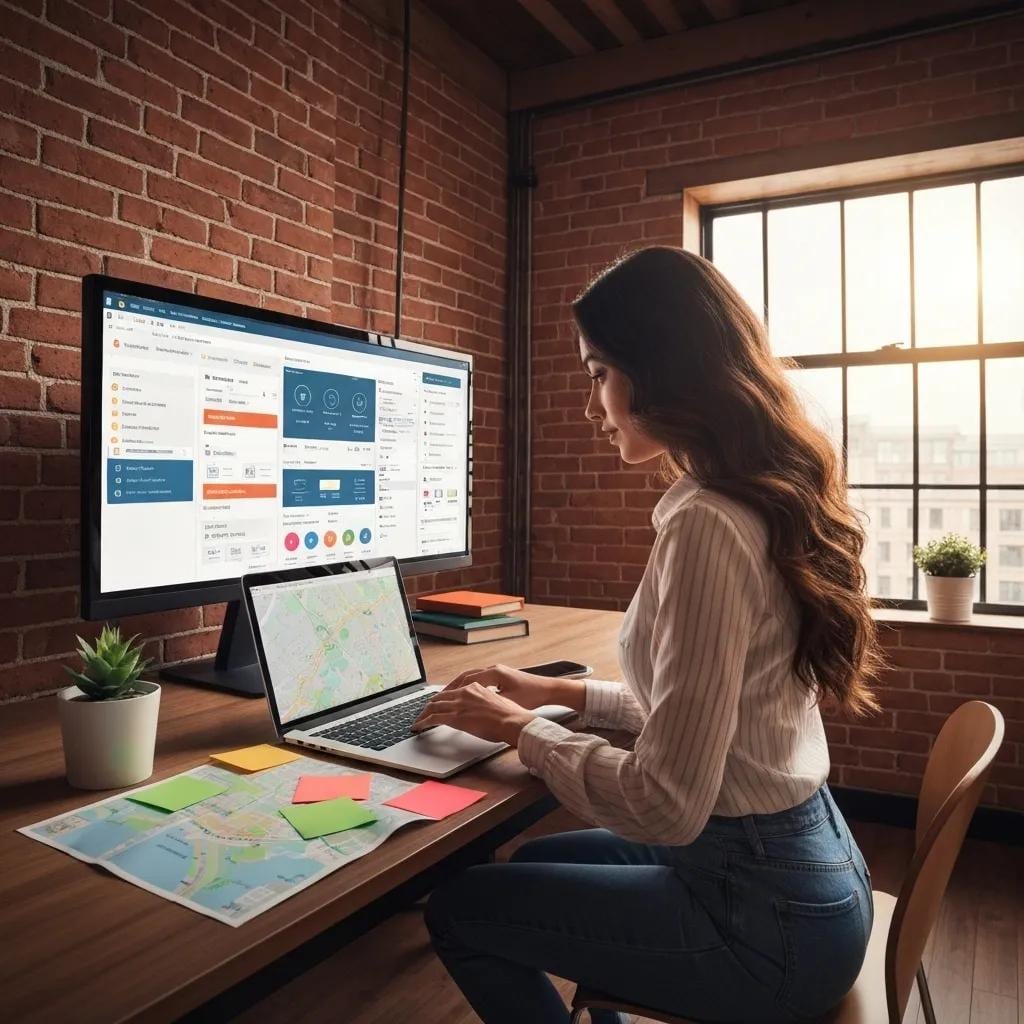 Eine Person, die auf einem Laptop Keyword-Recherchen durchführt, umgeben von Notizen und lokalen Karten für die SEO-Optimierung